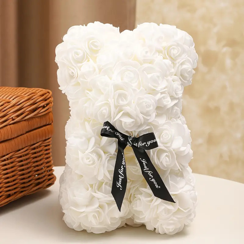 Ours en rose artificielle blanc - Fait main, ruban noir, cadeau romantique pour Saint-Valentin, mariage, anniversaire