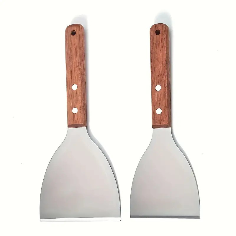 Lot de 2 spatules en acier inoxydable - Manche en bois, bord droit, outils de cuisine et grillade polyvalents