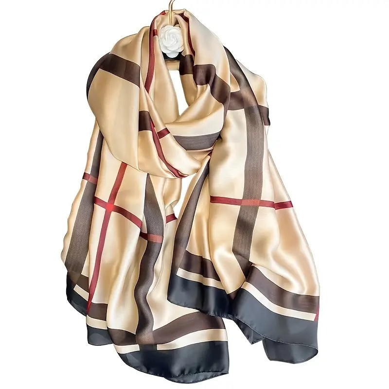 Foulard Femme Élégant en Polyester – Écharpe Longue, Rayée Kaki, Léger & Respirant, Mode Décontractée, Protection Solaire