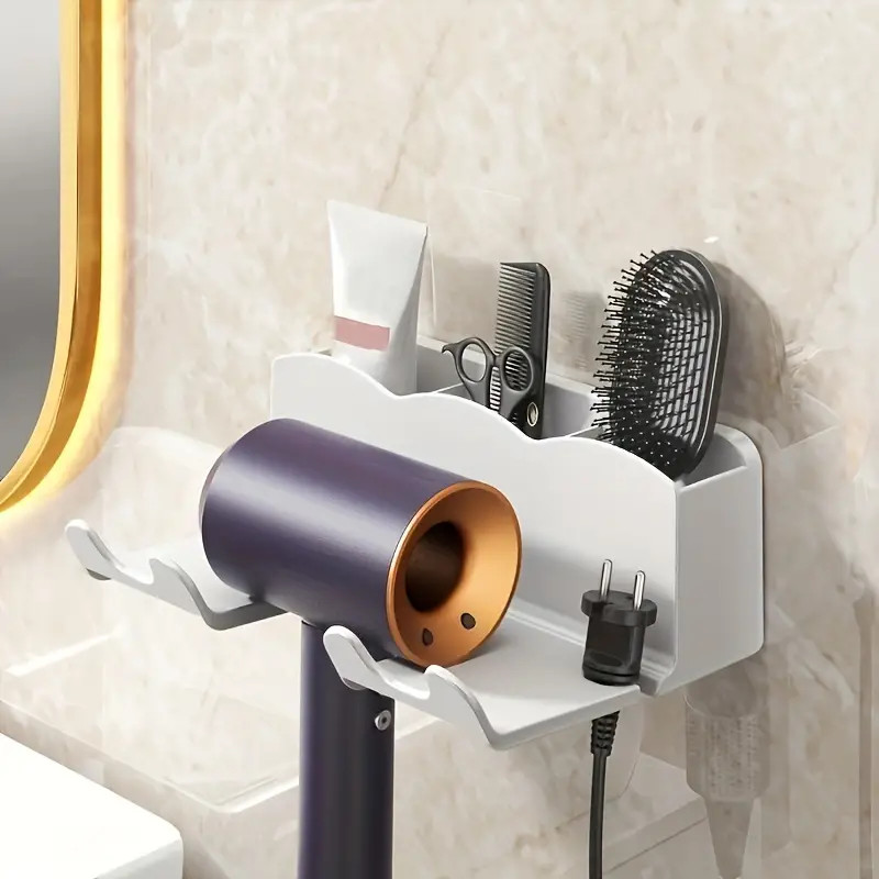 Support mural sèche-cheveux blanc – Sans perçage – Fixation sécurisée – Gain de place – Organisateur élégant pour salle de bain