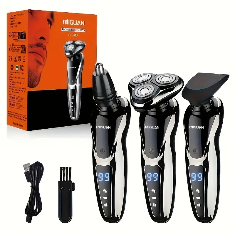 Rasoir Électrique 3-en-1 Homme – Tondeuse Nez & Barbe, Lame 3D, USB Rechargeable, Écran LED, Mini Rasoir Portable avec Base