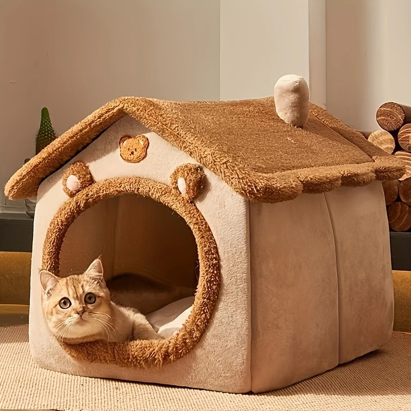 Maison pour chat douce en peluche avec coussin Brun, taille M