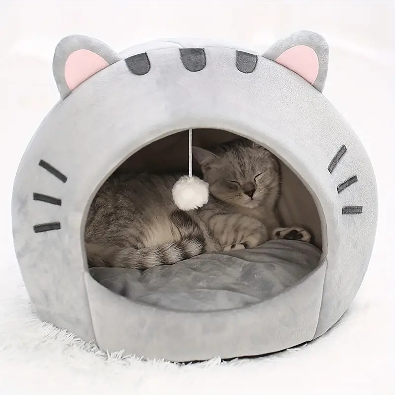 Grand lit grotte pour chat en peluche avec capuche et oreilles, coussin lavable, intérieur doux, confortable - Taille L - Gris