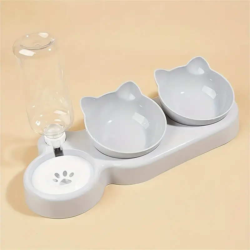 Distributeur d'eau +2 bols pour chats - Plastique gris clair, idéal pour nourriture et eau