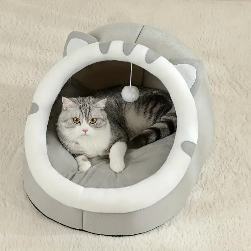 Grand lit grotte pour chat en peluche - Taille L - Gris