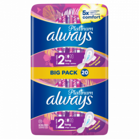 Always Platinium Serviettes Hygiéniques, 20 Serviettes Taille 2 Long avec Ailettes