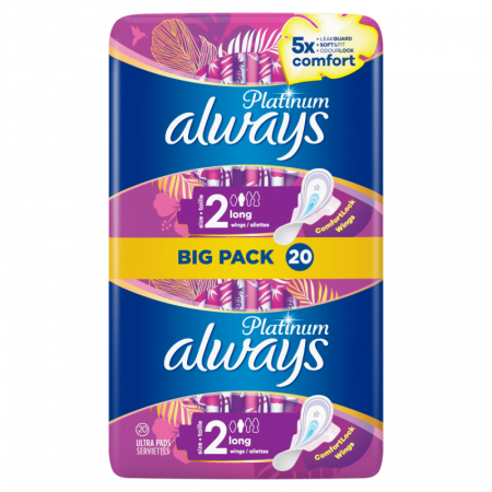 Always Platinium Serviettes Hygiéniques, 20 Serviettes Taille 2 Long avec Ailettes
