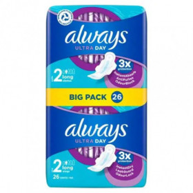Always Ultra Serviettes Hygiéniques, 26 Serviettes Taille 2 Long Avec Ailettes