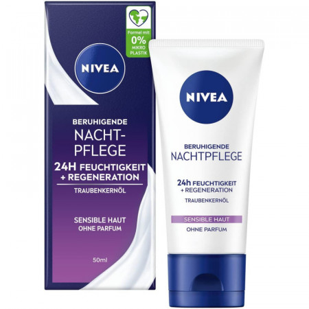 NIVEA Crème de Nuit Apaisante 24h Hydratante pour Peaux Sensibles, Régénération Visage Sans Parfum