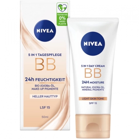 NIVEA BB Crème 5-en-1 Peaux Claires  Hydratation 24h, SPF 15, Jojoba Bio & Pigments Unifiants