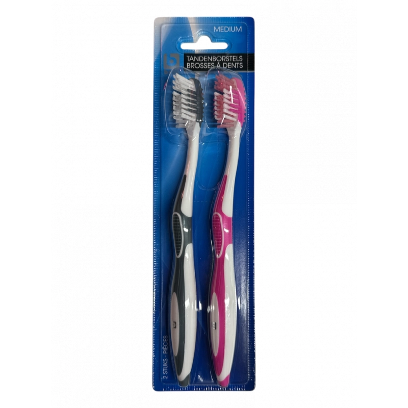 BONI Brosse à dents medium Gris et Rose 2 pièces