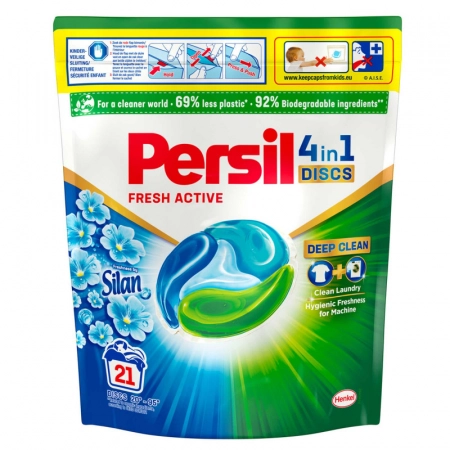 Persil Discs Fresh Power Silan - 21 Pods, Lessive 4 en 1, Fraîcheur Longue Durée, Anti-Taches, Soin des Fibres