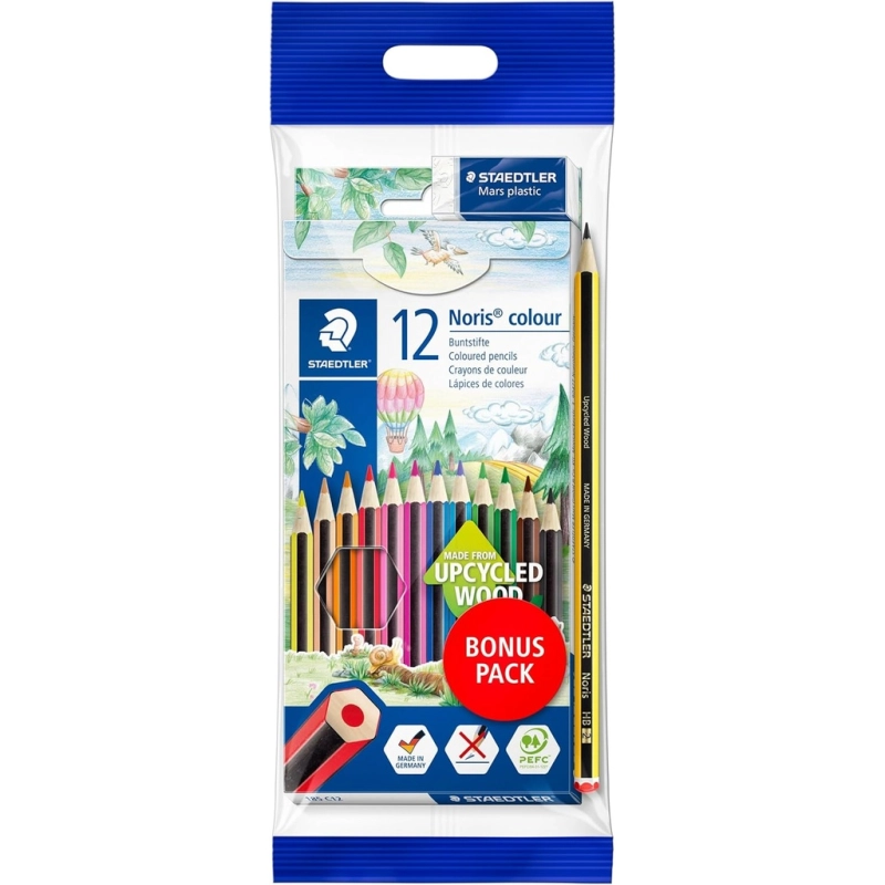 STAEDTLER Noris Colored Pencils – 12 bright colors, recycled wood, durable, with eraser + pencil included