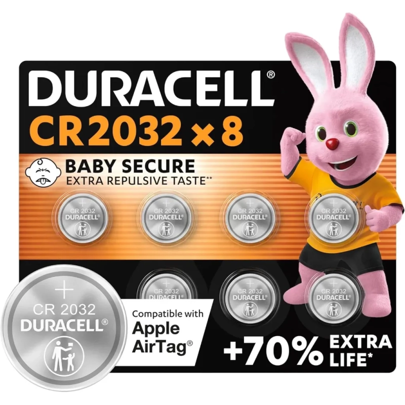 DURACELL CR2032 Piles Boutons au lithium 3V (lot de 8) - Jusqu’à +70 % de longévité