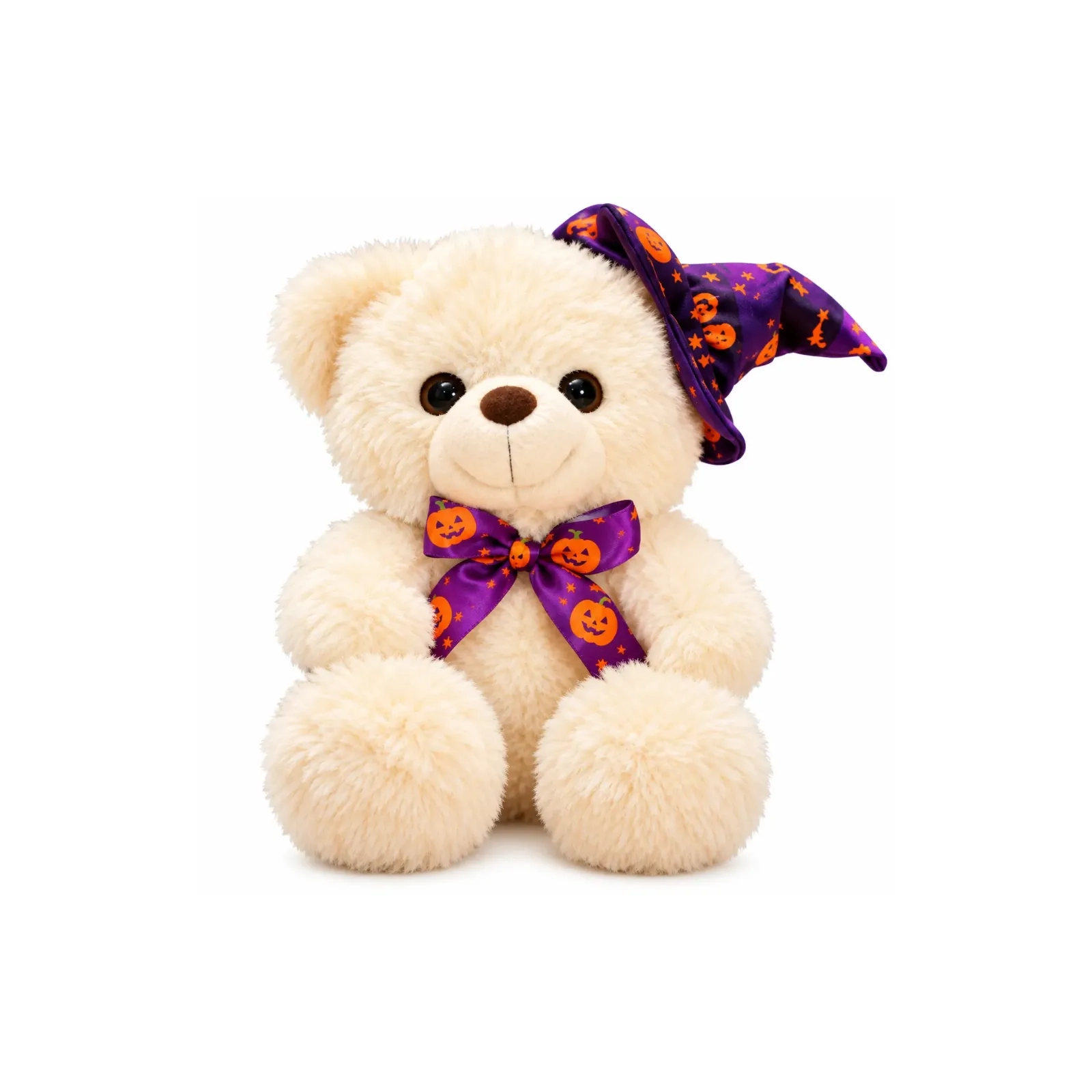 Ours en peluche Halloween avec chapeau de sorcière et noeud papillon violet 20x13cm