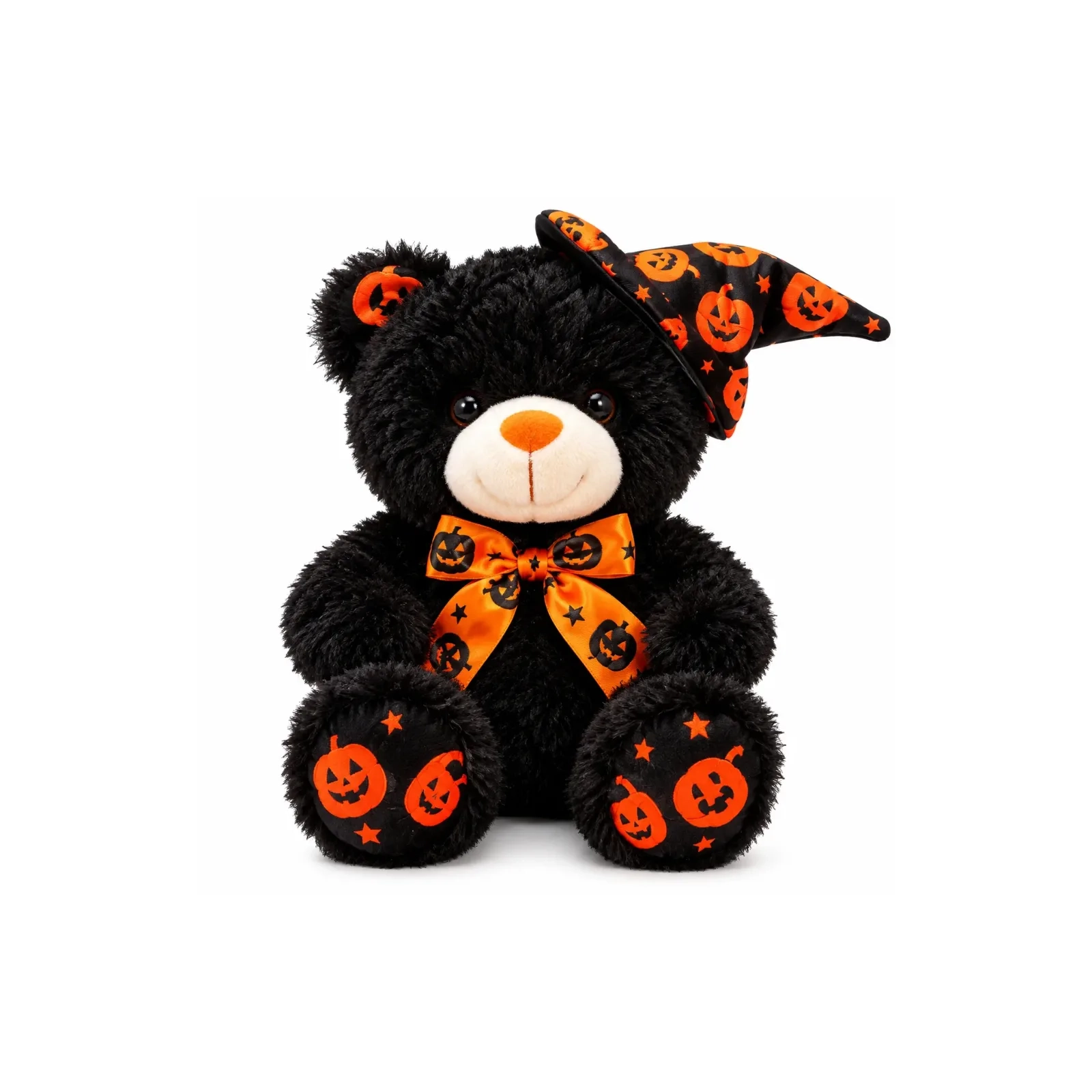 Halloween black teddy bear with witch hat and orange bow tie 20x13cm