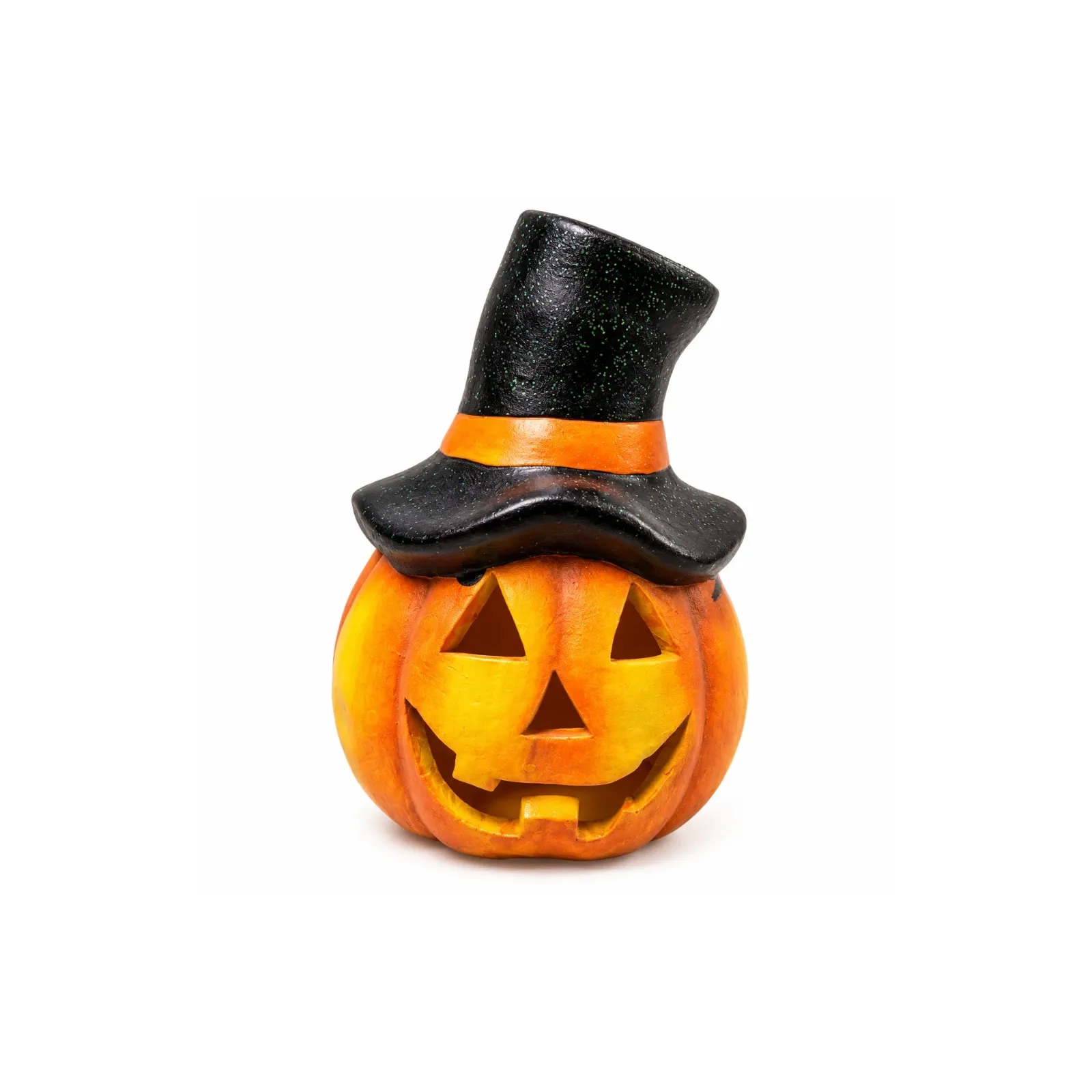 Abóbora decorativa de Halloween com chapéu de bruxa e castiçal 14x8cm