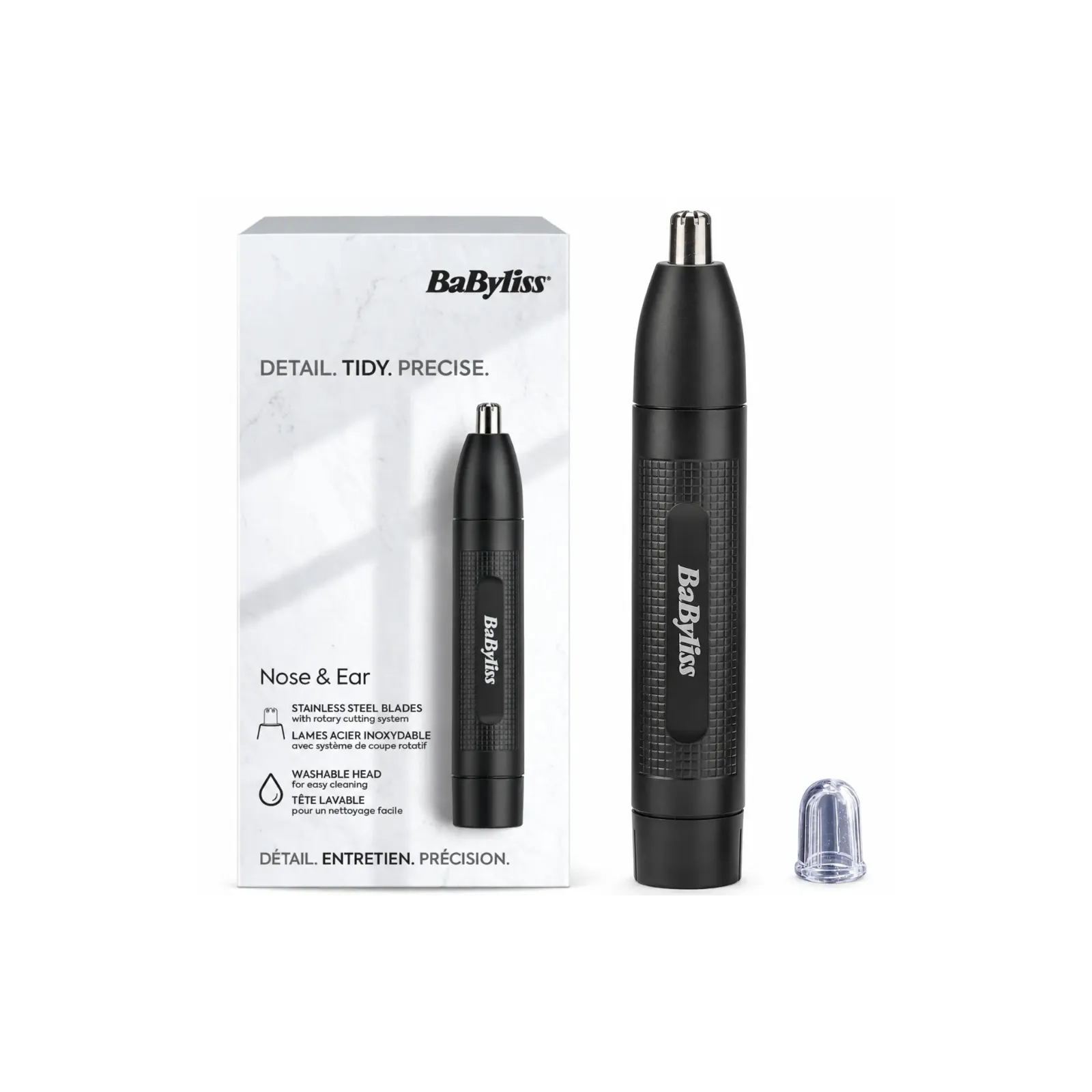 BaByliss E650E – Tondeuse nez et oreilles à 2 lames en acier inoxydable, à piles