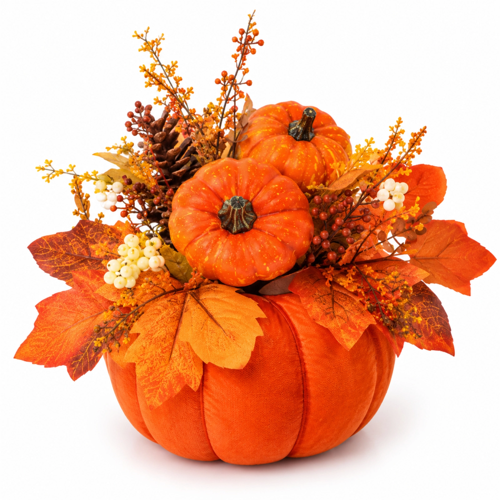 Fall floral arrangement with mini orange Halloween pumpkins